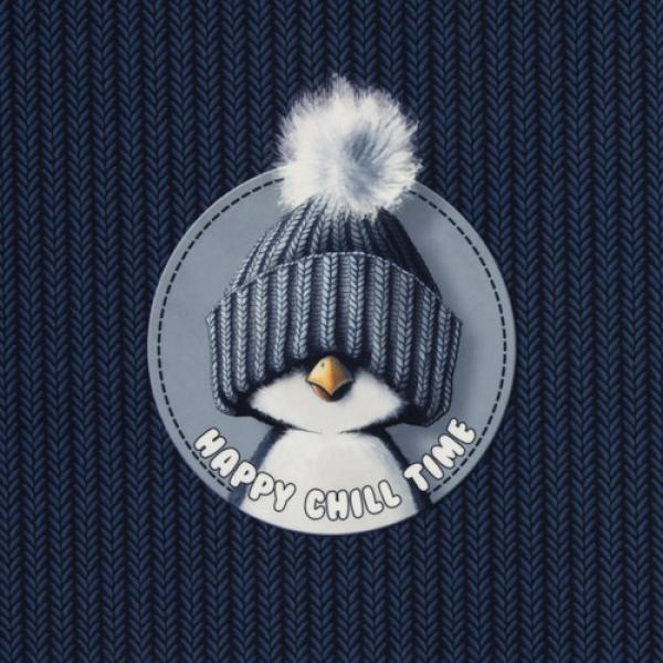 Samt Chenille Kissenpanel mit Pinguinen mit Bommelmütze in Nachtblau